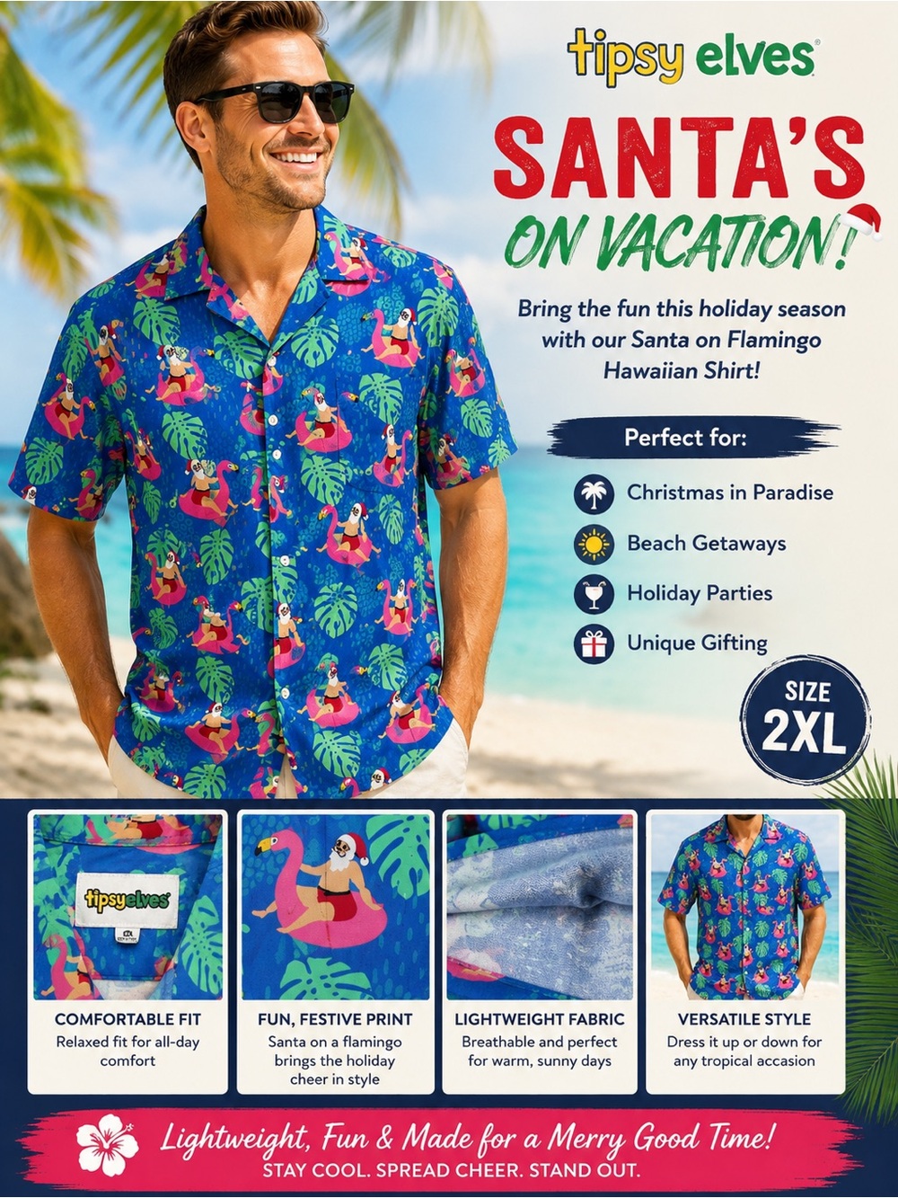 Tipsy Elves Blue Hawaiian Shirt with Santa-on-Flamingo Print